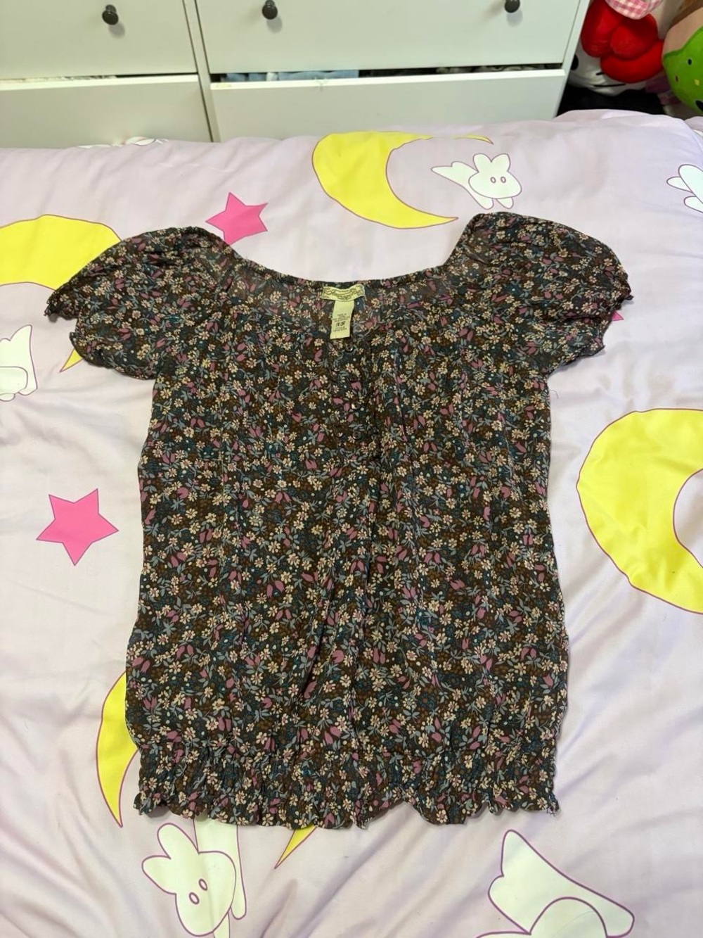Women's Floral Puff-Sleeve Top - Brown